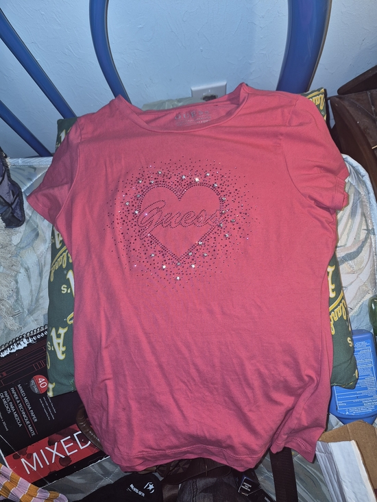 Guess Tops - Guess Rhinestone Heart Logo Tee - Pink